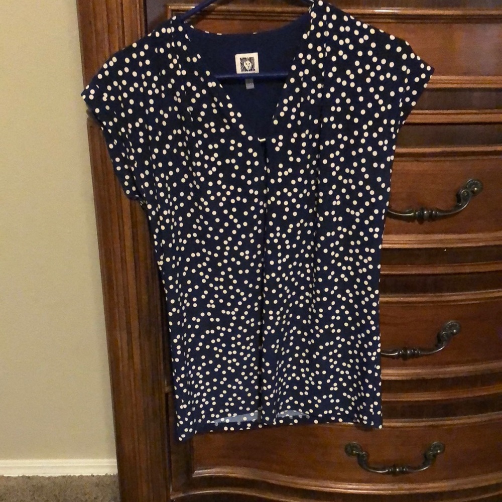Navy and white polka dot blouse